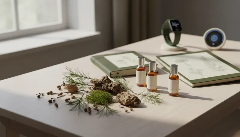 Apothecary table with forest botanicals, glass tinctures, and modern wellness devices
