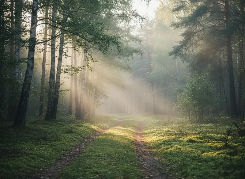 Misty forest path representing Lithuanian heritage and natural wisdom