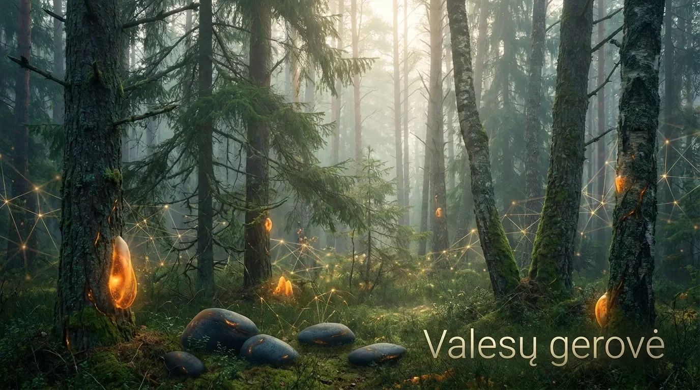 Mystical Baltic forest with bioluminescent accents and neural light patterns