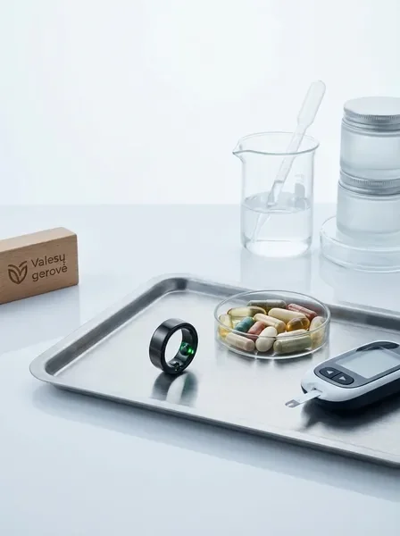 Modern biohacking wearable device and evidence-based supplements on laboratory bench