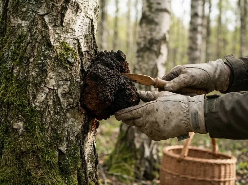 Traditional forest harvesting of Chaga mushroom in Lithuanian woodland