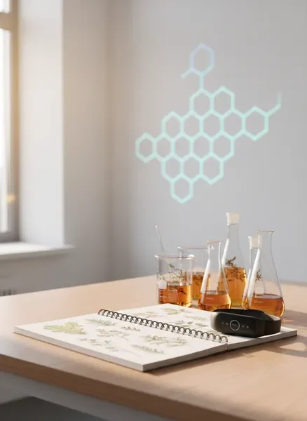 Research workspace combining traditional herbal preparations with modern biohacking devices